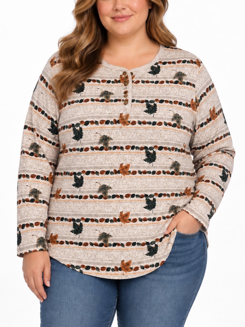 Classic Elements Womenβs Vintage 90s Leaf Print Fall Henley Tee Shirt 3X